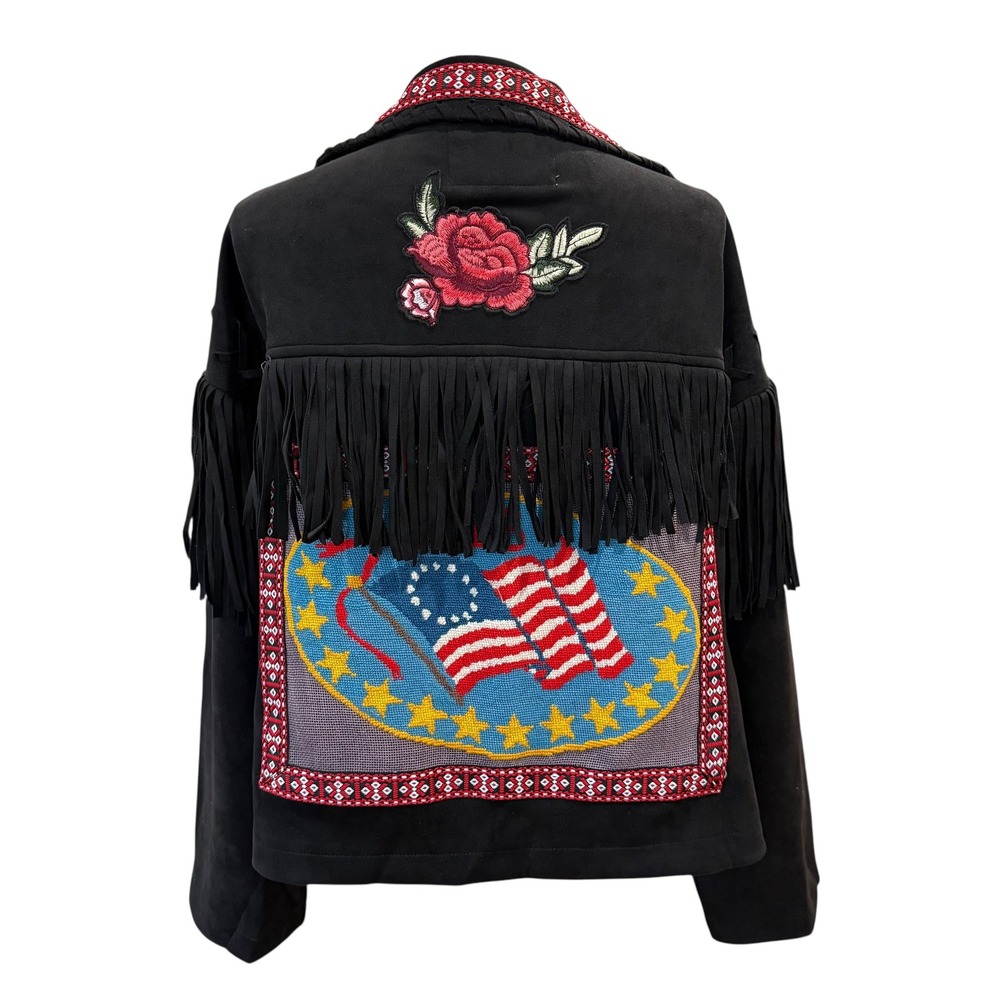Lesäl Up-cycled 1 of a Kind Fringe Jacket Black 1776 Flag Needlepoint Large